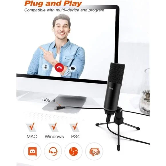 USB Gaming Microphone Set with Flexible Boom Arm Stand Pop Filter, Plug and Play